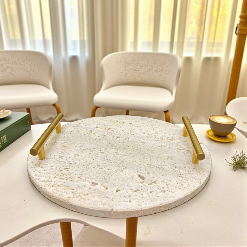 Round Travertine Tray with Brass Handles