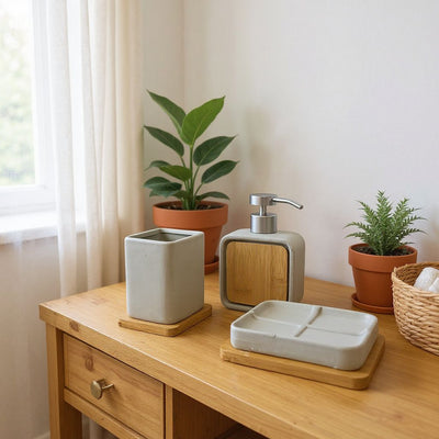 Minimalist Bamboo & Black Bathroom Set