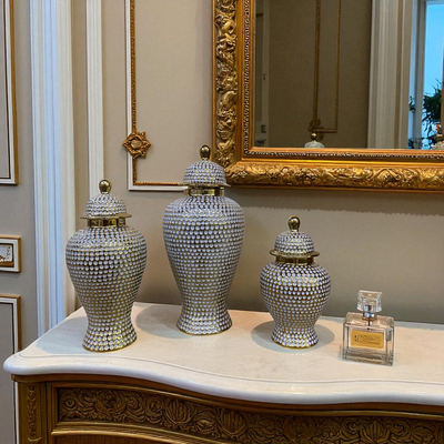 Opulent Weave White-Gold Porcelain Jars