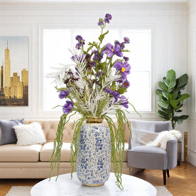Blue Blossom Gold-Rimmed Ceramic Vases