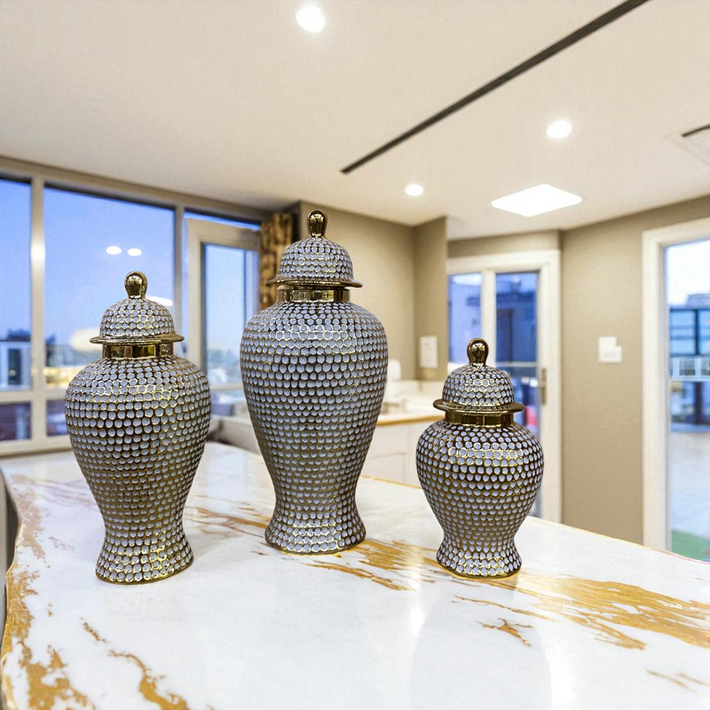 Opulent Weave White-Gold Porcelain Jars