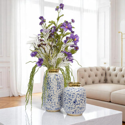 Blue Blossom Gold-Rimmed Ceramic Vases