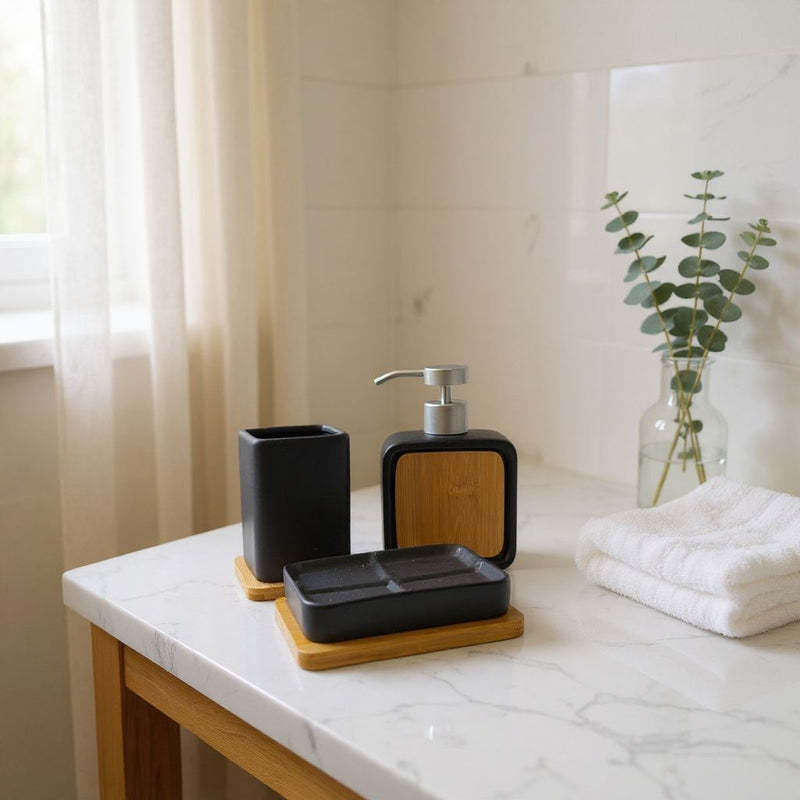 Minimalist Bamboo & Black Bathroom Set