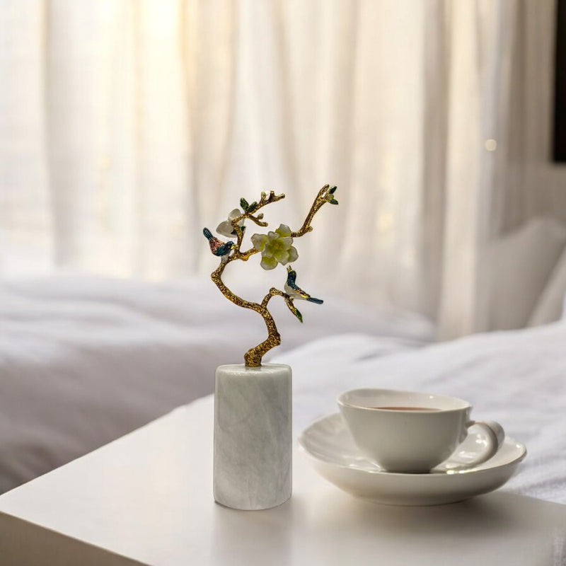Modern Heavy Marble and Brass Flower Table Sculpture