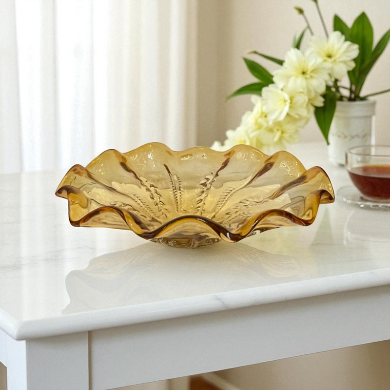 Amber Ruffled Glass Centerpiece Bowl