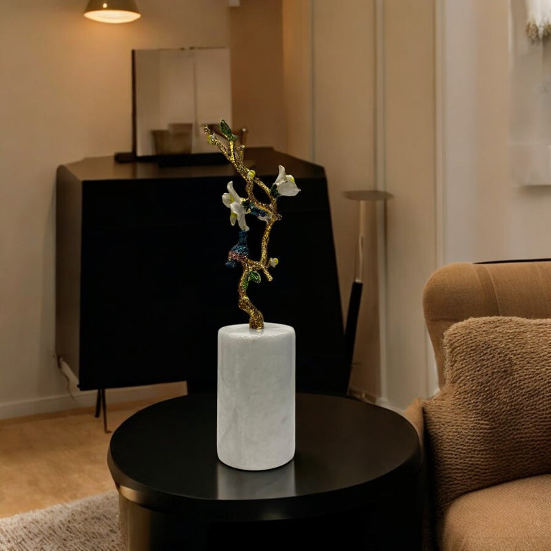 Modern Heavy Marble and Brass Flower Table Sculpture