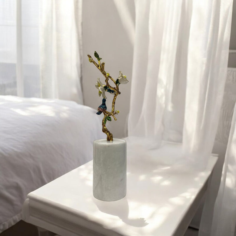 Modern Heavy Marble and Brass Flower Table Sculpture