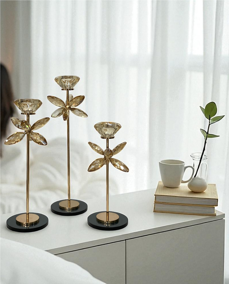 Golden Petal Crystal Candle Stands Set
