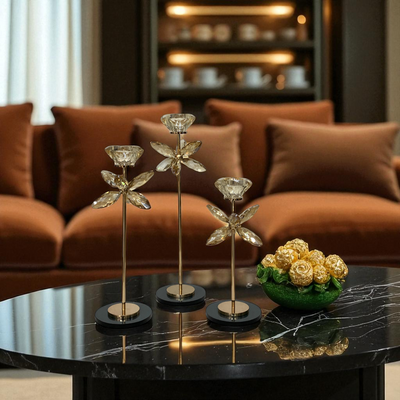 Golden Petal Crystal Candle Stands Set