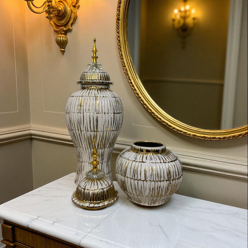 Antique White-Gold Drip Glazed Ceramic Candy Jars