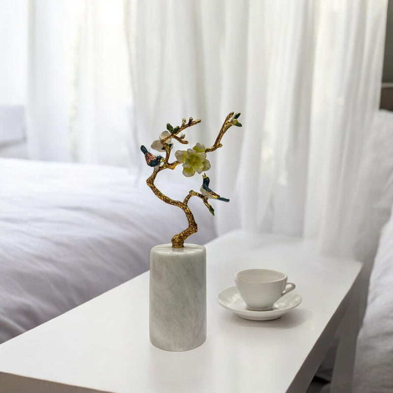 Modern Heavy Marble and Brass Flower Table Sculpture