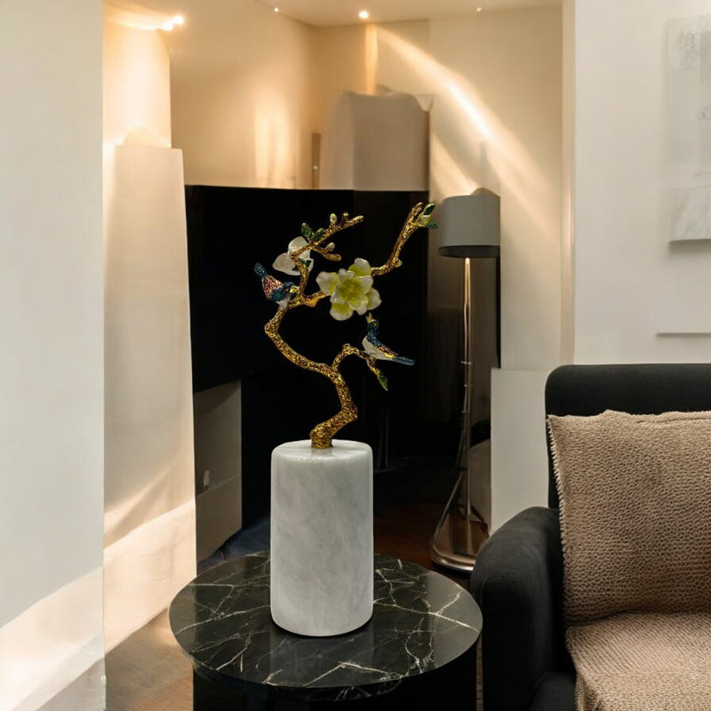 Modern Heavy Marble and Brass Flower Table Sculpture