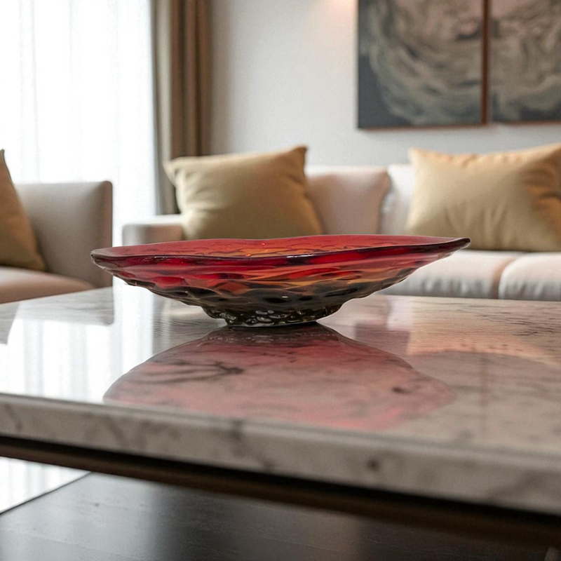 Ruby Red Glass Decorative Shallow Bowl