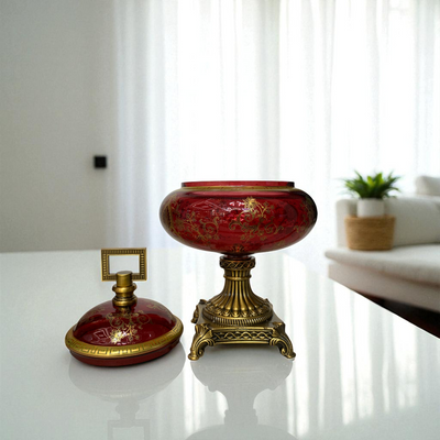 Red Decorative Vase & Bowl Set with Brass Base