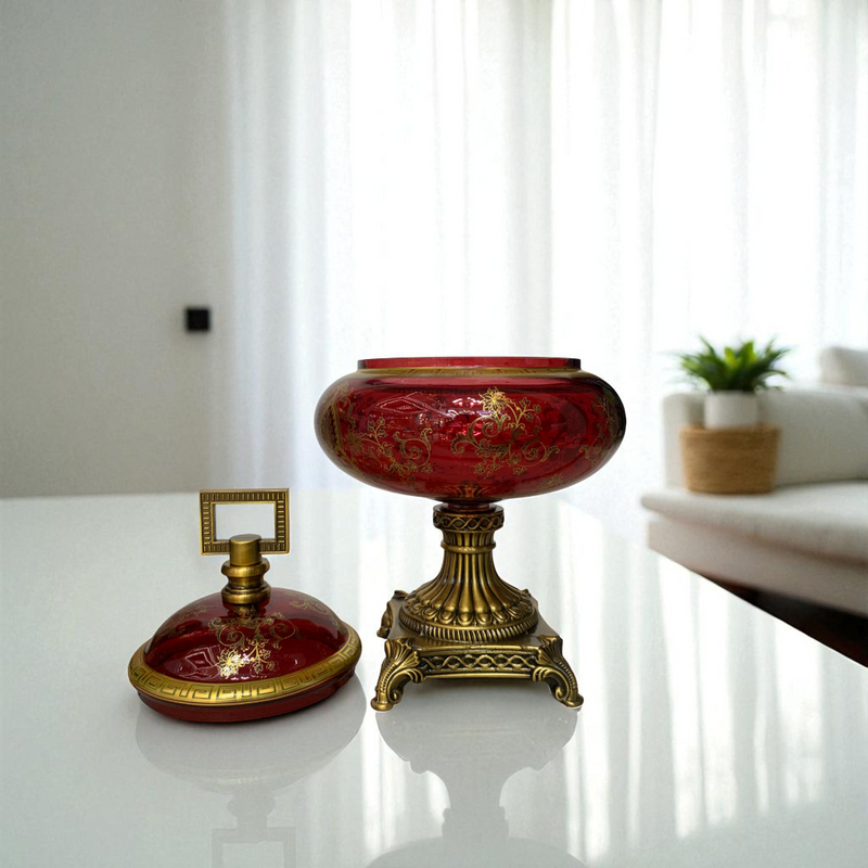 Red Decorative Vase & Bowl Set with Brass Base