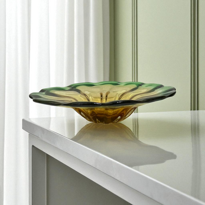 Two-Tone Green and Amber Glass Shallow Bowl