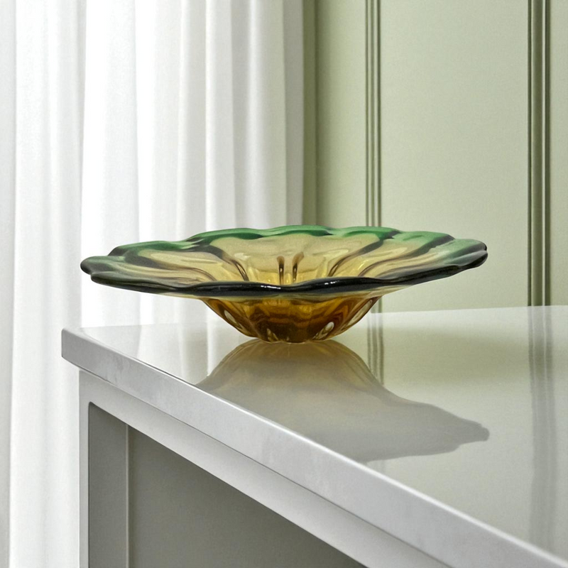 Two-Tone Green and Amber Glass Shallow Bowl