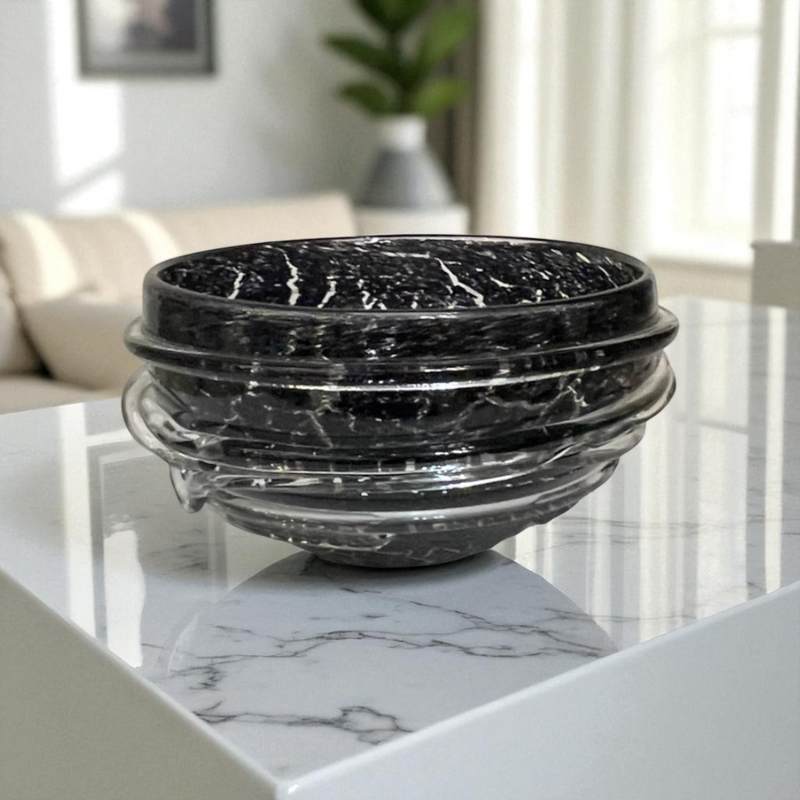 Black-White Textured Swirl Glass Bowl