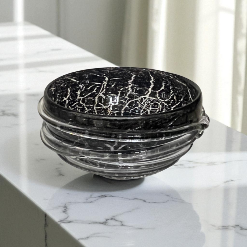 Black-White Textured Swirl Glass Bowl
