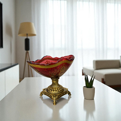 Red Decorative Vase & Bowl Set with Brass Base