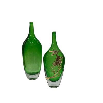Heavy Green Glass Bottle with Metallic Flower Accent