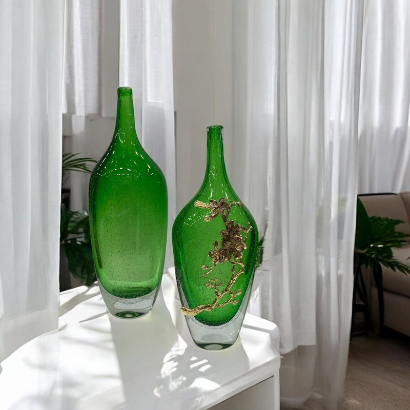 Heavy Green Glass Bottle with Metallic Flower Accent