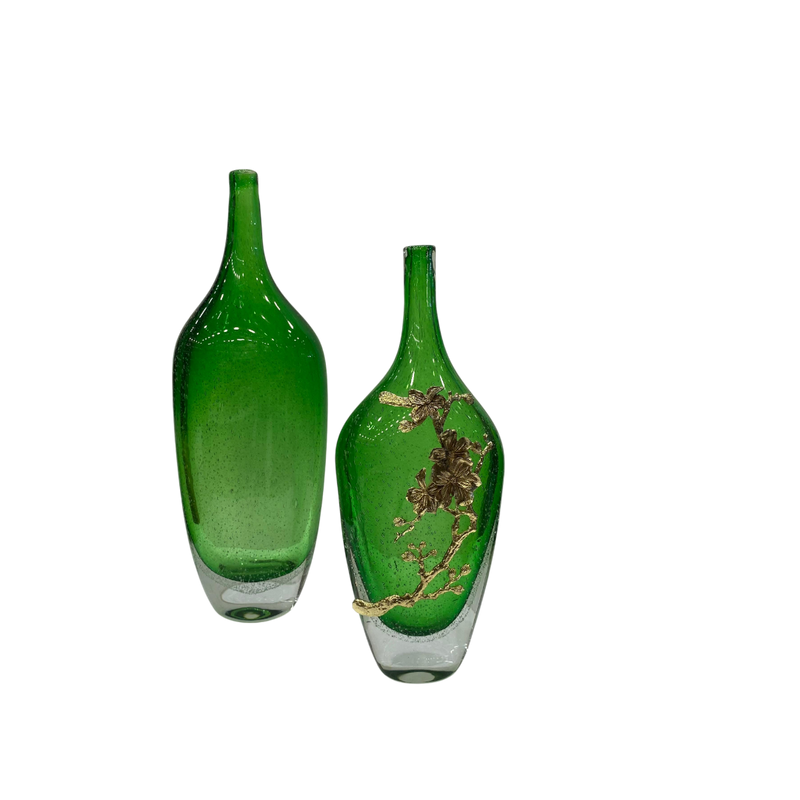 Heavy Green Glass Bottle with Metallic Flower Accent