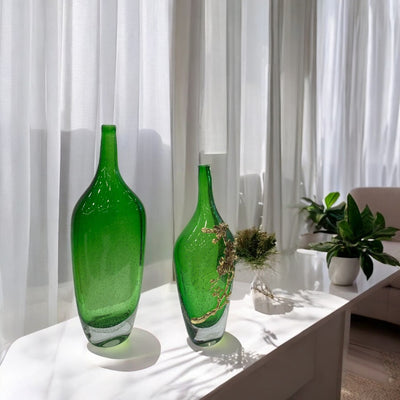 Heavy Green Glass Bottle with Metallic Flower Accent
