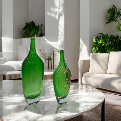 Heavy Green Glass Bottle with Metallic Flower Accent