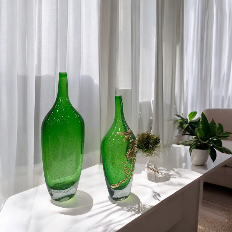 Heavy Green Glass Bottle with Metallic Flower Accent