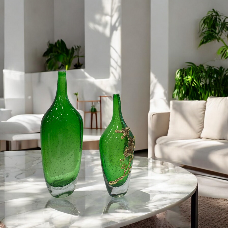Heavy Green Glass Bottle with Metallic Flower Accent
