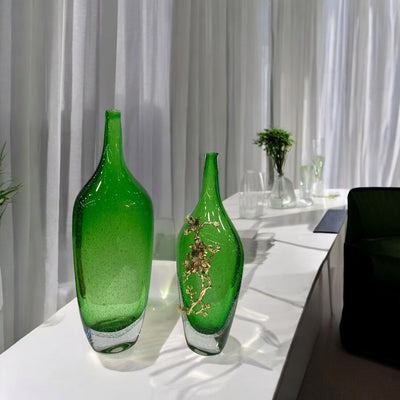 Heavy Green Glass Bottle with Metallic Flower Accent