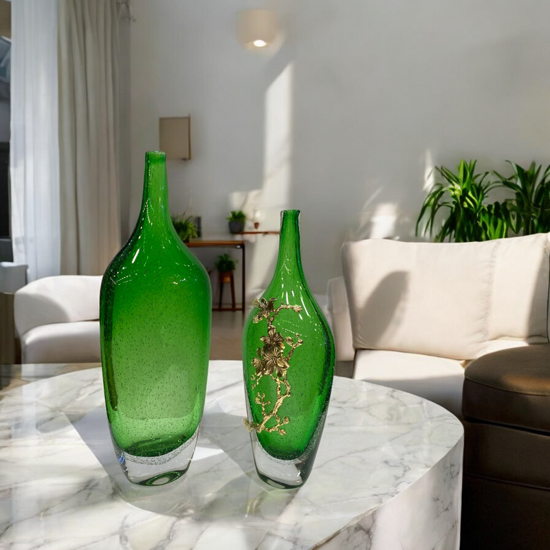Heavy Green Glass Bottle with Metallic Flower Accent