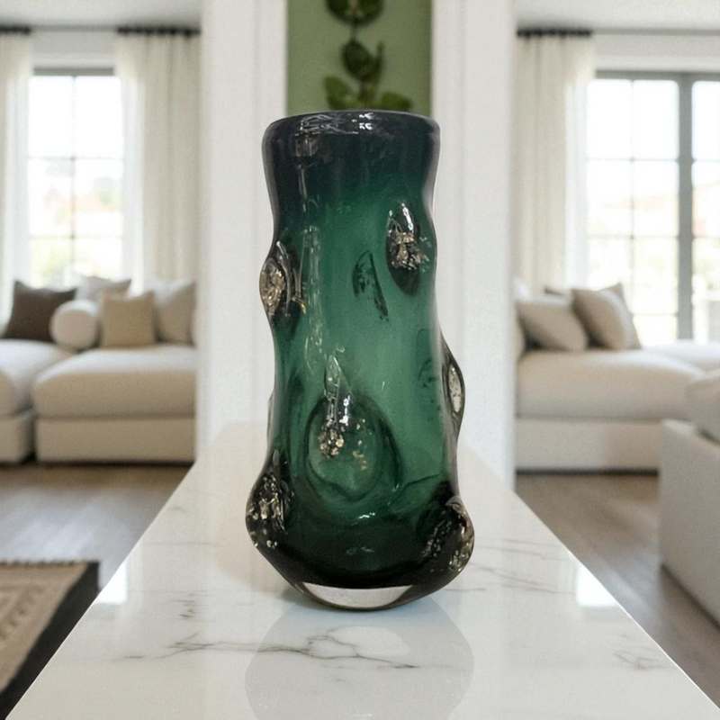 Emerald Green Glass Vase with Applied Accents