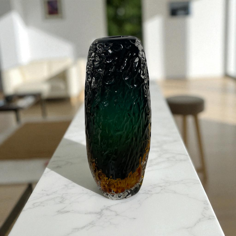 Tri-Color Cased Glass Vase – Black, Green, and Amber