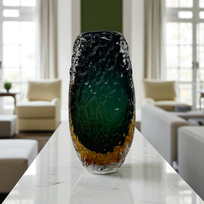 Tri-Color Cased Glass Vase – Black, Green, and Amber
