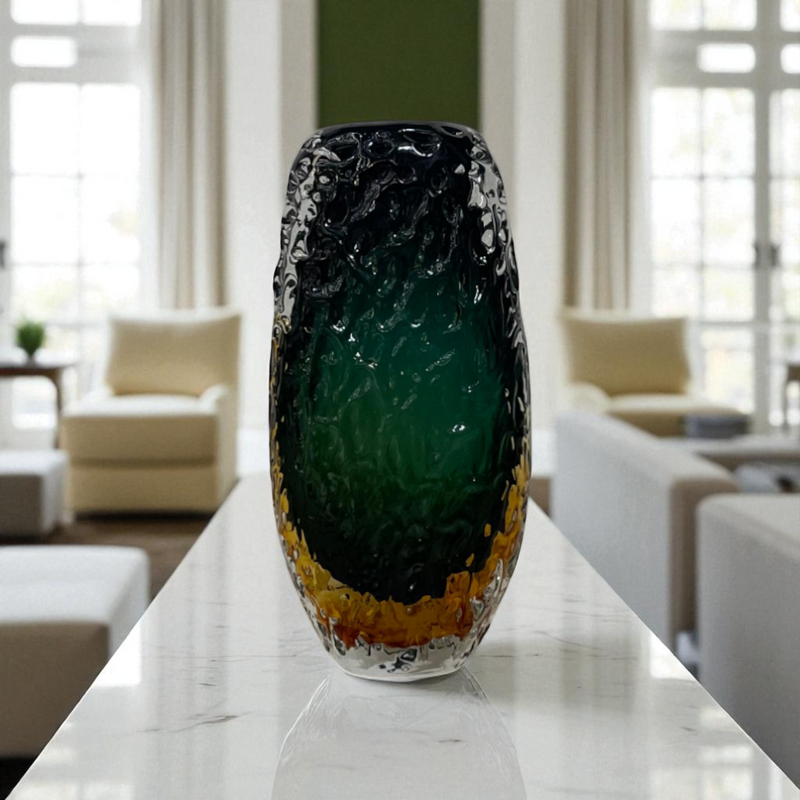 Tri-Color Cased Glass Vase – Black, Green, and Amber