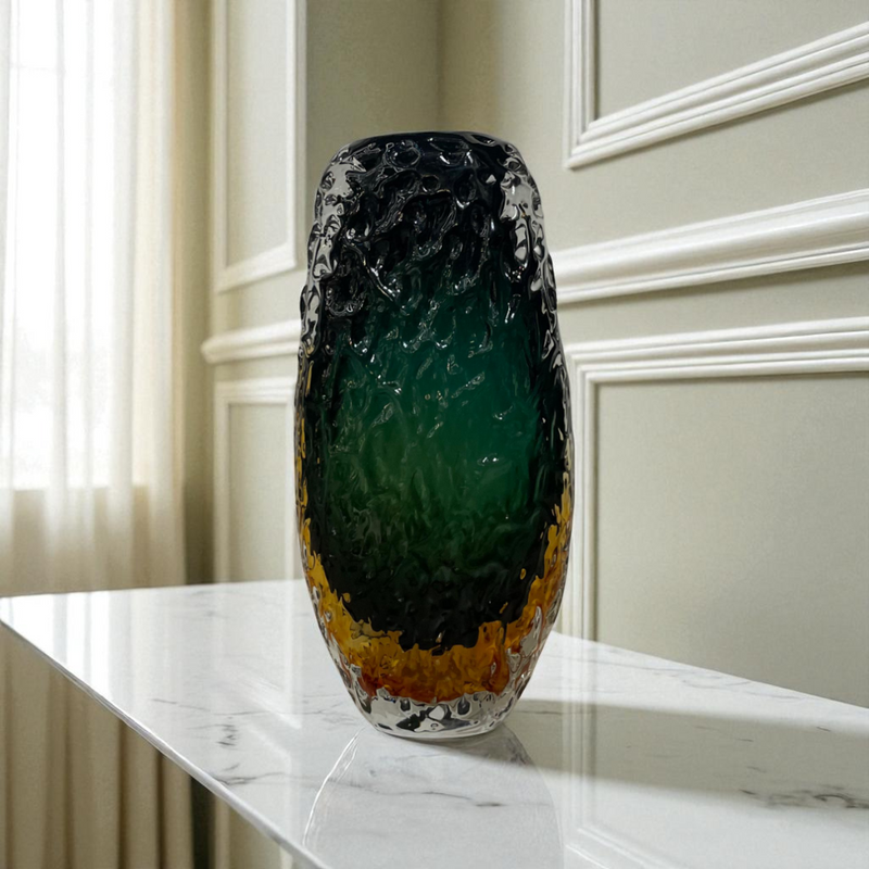 Tri-Color Cased Glass Vase – Black, Green, and Amber