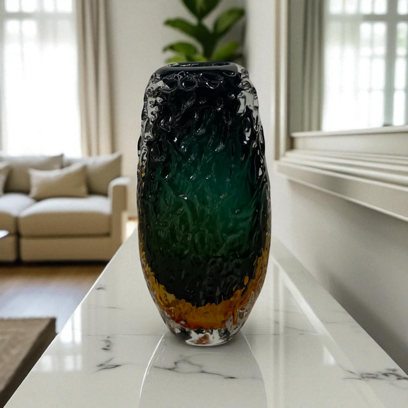 Tri-Color Cased Glass Vase – Black, Green, and Amber
