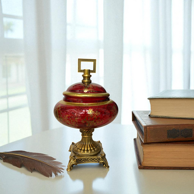 Red Decorative Vase & Bowl Set with Brass Base