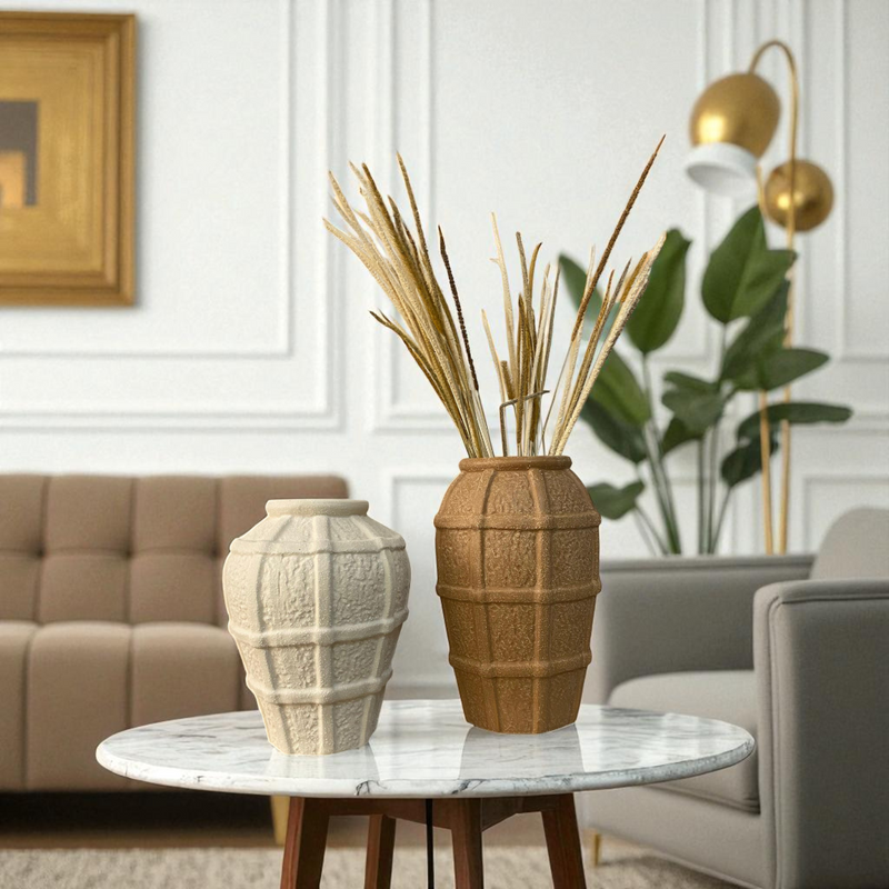 Grid-Pattern Textured Ceramic Vase