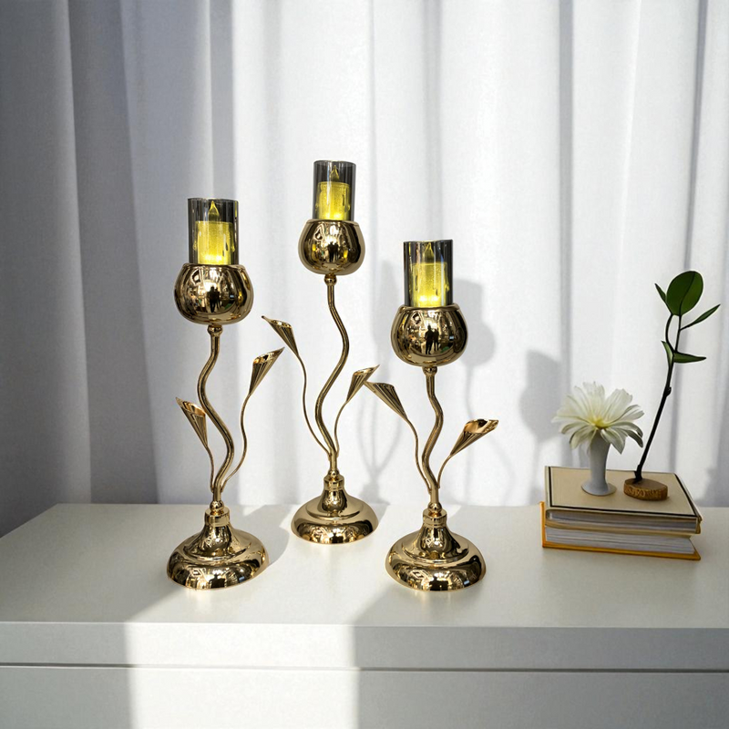 Metallic Golden Bloom Candle Holders