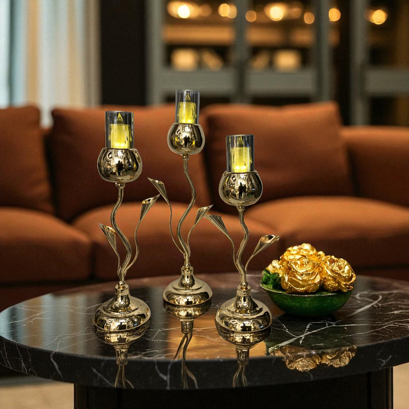 Metallic Golden Bloom Candle Holders