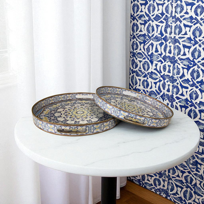 Round Blue Cultural Mosaic Trays