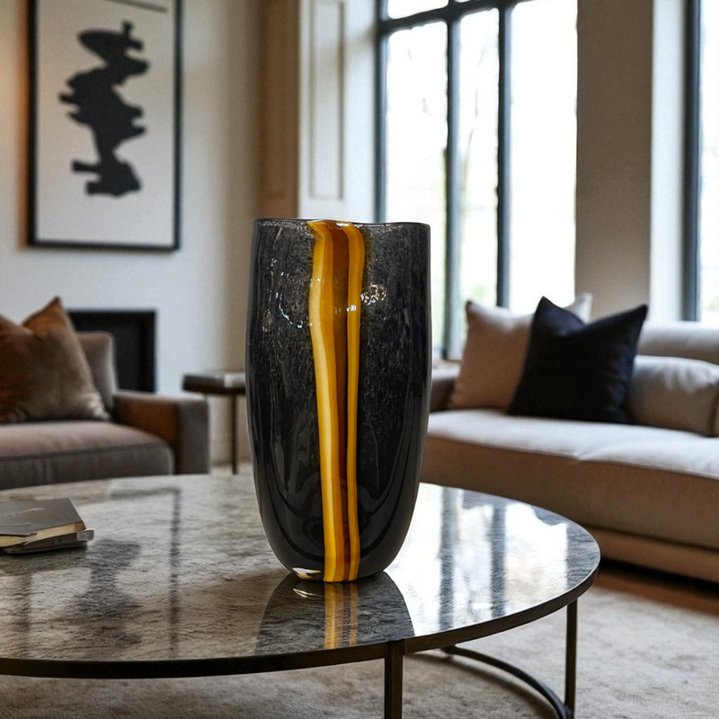Obsidian Flame Glass Black Vase & Bowl Trio