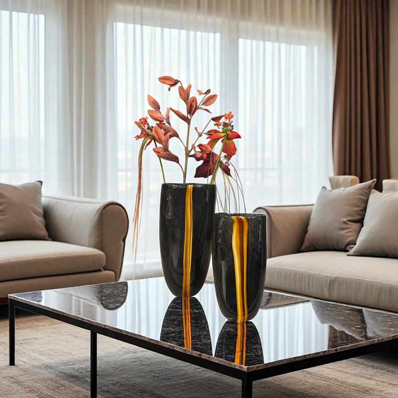 Obsidian Flame Glass Black Vase & Bowl Trio