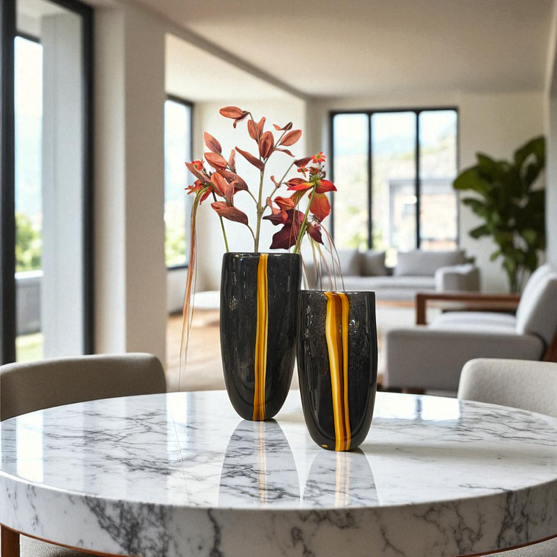 Obsidian Flame Glass Black Vase & Bowl Trio