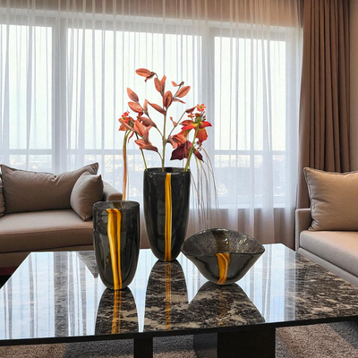 Obsidian Flame Glass Black Vase & Bowl Trio