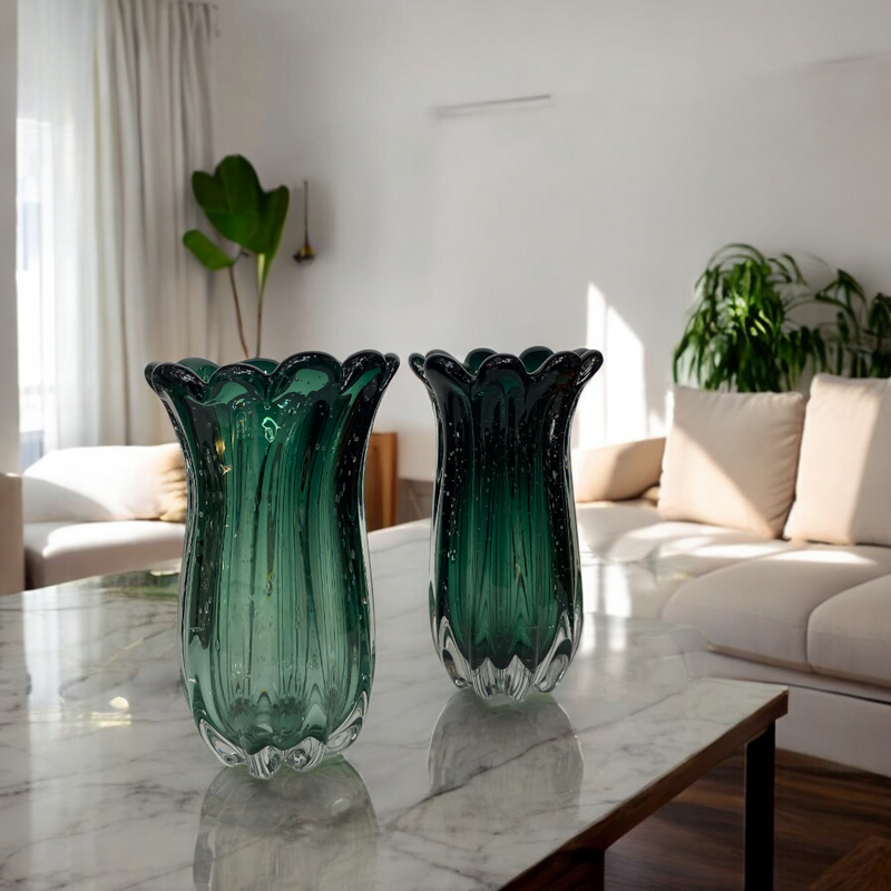 Emerald Murano-Style Ribbed Glass Vases