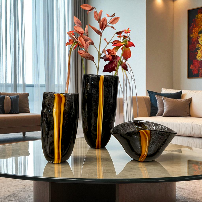 Obsidian Flame Glass Black Vase & Bowl Trio